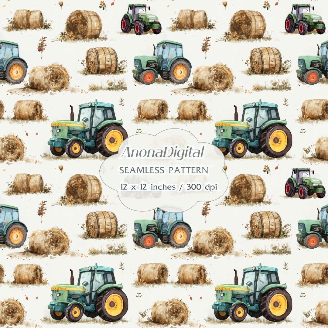 Hay Pattern Paper Green Tractor Farm Hay Seamless Pattern, Digital Download, Watercolor ...