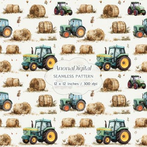 Può includere: Motivo acquerello senza cuciture con trattori verdi e gialli, balle di fieno e piante su sfondo crema. È visibile anche il testo "AnonaDigital SEAMLESS PATTERN 12 x 12 inches / 300 dpi". Dimensioni: 30,48 cm x 30,48 cm.