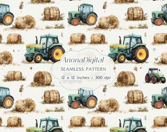 Green Tractor Farm Hay Seamless Pattern, Digital Download, Watercolor background for papers, fabrics, crafts