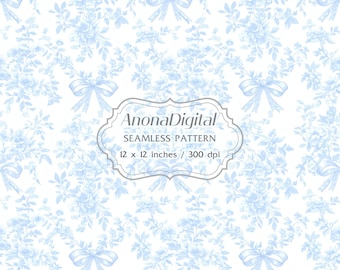 Patrón sin costuras Toile de lazo floral azul pálido coquette, descarga digital, fondo de cinta para manualidades