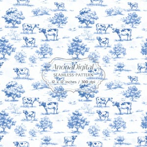 Toile De Jouy Dairy Cow Farm Seamless Pattern, Digital Download, Pasture background for crafts