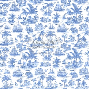 Toile De Jouy Küstensegelboot Muster, Gebäude Hintergrund für Stoffdruck, digitales Papier, sofortiger Download