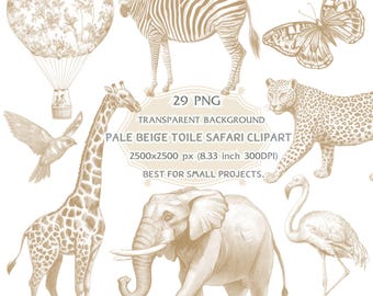 Pale Beige Toile De Jouy Safari Animal, Nursery Baby Shower Clipart, PNG Digital Download