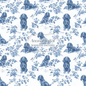 Chinoiserie toile de jouy Boykin-spaniël naadloze patroon stof papier wordt afgedrukt kinderkamer achtergrond voor hondenliefhebber digitale download voor ambachten