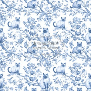 Chinoiseries Toile De Jouy Chat siamois motif sans couture tissu papier imprime fond pour amoureux des chats cadeau Téléchargement instantané pour travaux manuels