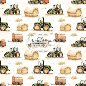 Tractor Seamless Pattern, Farming Vehicles Green Tractor with bays of hay, Farm design for children, instant download digital paper