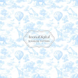 Motivo Safari Toile De Jouy blu senza soluzione di continuità, sfondo per carta da parati per bambini, stampa su tessuto, carta digitale, download immediato per lavori artigianali
