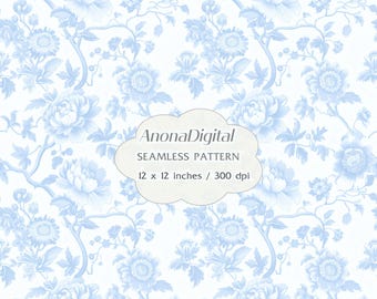 Blue French Toile Seamless Pattern, Vintage Floral, Digital Download, background for papers, fabrics, crafts