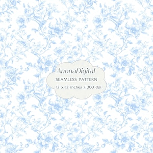 Könnte beinhalten: Nahtloses Blumenmuster in Hellblau auf Weiß, mit detaillierten Blumen und Ranken. Der Bildtext lautet "AnonaDigital SEAMLESS PATTERN 12 x 12 inches / 300 dpi". Das Muster misst 30,48 cm x 30,48 cm.