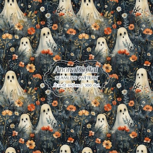 Modèle sans couture effrayant fantôme, téléchargement numérique, fond floral Halloween pour papiers, tissus, travaux manuels