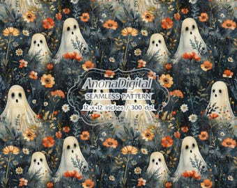 Spöklikt sömlöst mönster, digital nedladdning, blommig Halloween-bakgrund för papper, tyger, hantverk