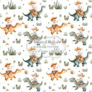 Dinosaur Little Cowboy Seamless Pattern, Digital Download, Kids Western background for papers, fabrics, crafts