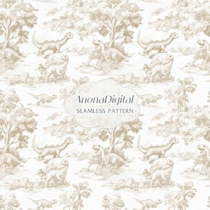 Beige Toile De Jouy Dinosaur Seamless Pattern, Nursery Wallpaper Background for Kids, Fabric Prints, Digital Paper, Instant Download