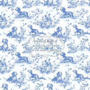 Chinoiserie Pale Blue Toile, Dachshund Seamless Pattern, Digital Download, background for dog lover gifts