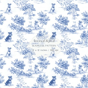 Könnte beinhalten: Ein nahtloses Muster in Blau und Weiß im Toile-de-Jouy-Stil. Das Muster zeigt Illustrationen von Schnauzern, Bäumen und Blättern. Der Text "AnonaDigital SEAMLESS PATTERN 12 x 12 inches / 300 dpi" ist ebenfalls enthalten.