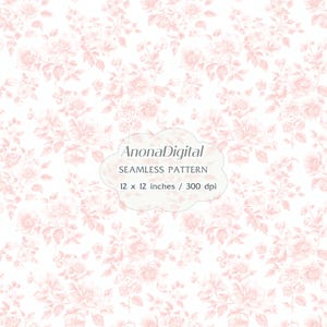 Puede incluir: Patrón floral continuo con rosas de color rosa pálido sobre fondo blanco. El diseño presenta rosas y hojas. Incluye el texto "AnonaDigital SEAMLESS PATTERN 12 x 12 inches / 300 dpi", que mide aproximadamente 30,5 x 30,5 cm.