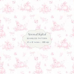 Puede incluir: Un patrón sin costuras con conejitos rosas, mariposas y lazos sobre un fondo blanco. Los conejitos están rodeados de elementos florales. También está presente el texto "AnonaDigital SEAMLESS PATTERN 12 x 12 inches / 300 dpi".