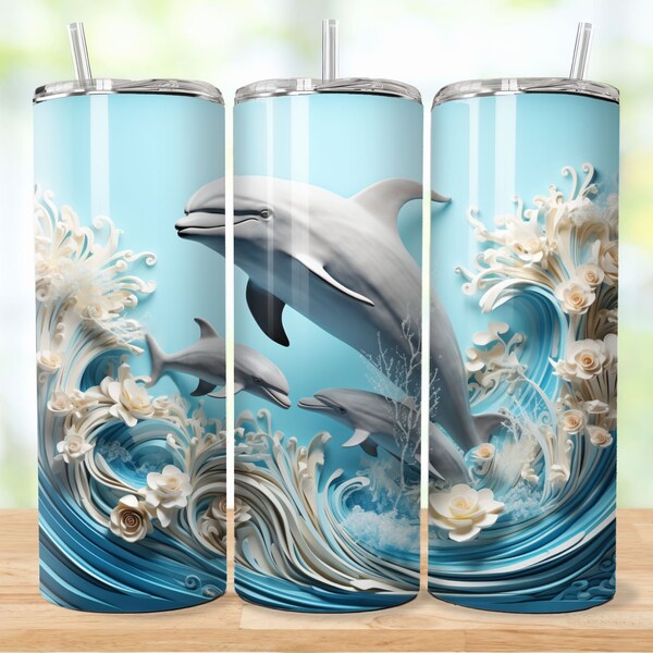 3D Dauphins Ocean Waves 20oz Tumbler Wrap Skinny Straight and Tapered, Tumbler Sublimation Design, Téléchargement numérique PNG