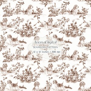 May include: A seamless pattern featuring brown and white illustrations of beagle dogs and foliage on a white background. The text AnonaDigital SEAMLESS PATTERN 12 x 12 inches / 300 dpi is centered over the repeating dog and plant motifs.