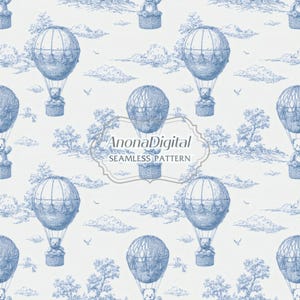 Chinoiserie Toile De Jouy nahtlose Muster, Teddybär im Heißluftballon Kinderzimmer Wallpaper Hintergrund, Instant Download für Kunsthandwerk