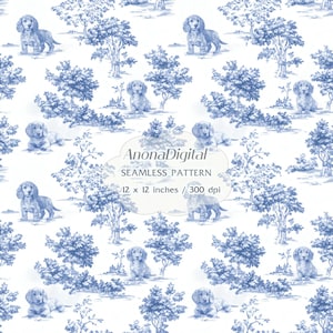 May include: Seamless pattern featuring a repeating design of dachshund dogs and stylized trees in shades of blue on a white background. The pattern includes the text "AnonaDigital SEAMLESS PATTERN 12 x 12 inches / 300 dpi".