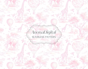 Pink Chinoiserie Toile De Jouy Safari Seamless Pattern Fabric Paper Prints Nursery Background for Kids Instant Download for Crafts