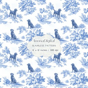 May include: A seamless pattern with a repeating design of black Labrador Retrievers and blue foliage on a white background. The pattern includes the text "AnonaDigital SEAMLESS PATTERN 12 x 12 inches / 300 dpi".