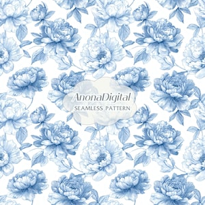 Toile de Jouy Peony Flower Seamless Pattern, Blue And White Floral Chinoiserie Background for Fabric Prints, Instant Download Digital Paper
