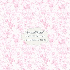 Op de afbeelding: Een naadloos bloemenpatroon in roze op wit, met rozen en andere bloemen. De tekst luidt "AnonaDigital SEAMLESS PATTERN 30.5 x 30.5 cm / 300 dpi". Geschikt voor diverse toepassingen.