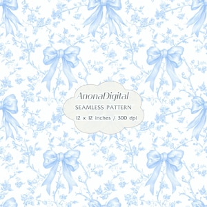 Puede incluir: Patrón sin costuras con lazos azul claro y ramas florales sobre fondo blanco. El diseño incluye el texto "AnonaDigital SEAMLESS PATTERN 12 x 12 inches / 300 dpi".