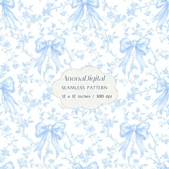 Blue Coquette Bow Toile Seamless Pattern, Digital Download Chinoiserie Background for papers, fabrics, crafts