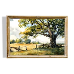 Oak Tree Watercolor Painting Print Green Meadow Field Landscape Coutryside Painting Rustic Wall Art Farmhouse Wall Decor Digital Download