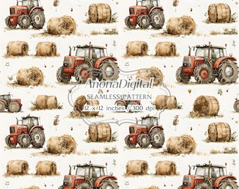 Tractor Farm Hay Seamless Pattern, Digital Download, Kids background for papers, fabrics, crafts
