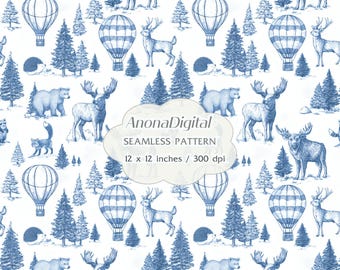 Blue Toile Seamless Pattern, Woodland Animals, Digital Download, background for papers, fabrics, crafts