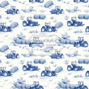 Patrón sin costuras de heno de granja de tractor de Toile De Jouy, descarga digital, fondo de regalos para manualidades
