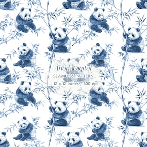 May include: A seamless pattern featuring watercolor illustrations of pandas in shades of blue, set against a white background. The pandas are depicted among bamboo stalks and leaves. The text "AnonaDigital SEAMLESS PATTERN 12 x 12 inches / 300 dpi" is also visible.