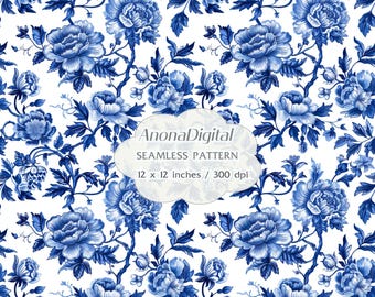 Blue Toile De Jouy Seamless Pattern, Chinoiserie Vintage Floral Design, Digital Download, papers, crafts