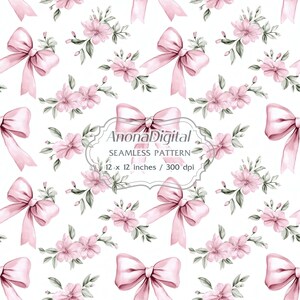 Vintage Floral Pink Bow Coquette Seamless Pattern, Digital Download Background for papers, fabrics, crafts