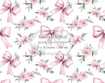 Vintage Floral Pink Bow Coquette Seamless Pattern, Digital Download Background for papers, fabrics, crafts