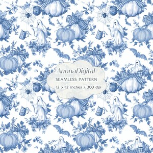 May include: A seamless pattern in blue and white featuring pumpkins with bows, ghosts, bats, spiderwebs, and mugs. The pattern includes the text "AnonaDigital SEAMLESS PATTERN 12 x 12 inches / 300 dpi". The design has a vintage, Halloween theme.