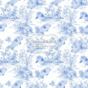 Padrão sem emenda de peixe-boi Chinoiserie Toile De Jouy, arquivo digital, tecido, papel, estampas, fundo de berçário, download instantâneo para artesanato