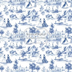 Toile De Jouy vintage naadloos Frans patroon, elegante toile blauwe achtergrond voor plakboek, stoffenprint, digitaal papier, instant download