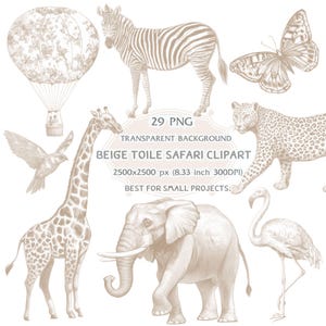 Imágenes prediseñadas PNG con animales de safari en toile de Jouy color beige, para baby shower o habitación infantil.