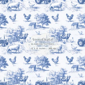 May include: A blue and white seamless pattern with a rural theme. The design includes cows, chickens, tractors, and small buildings. The text "AnonaDigital SEAMLESS PATTERN 12 x 12 inches / 300 dpi" is visible. The pattern is 30.48 cm x 30.48 cm.