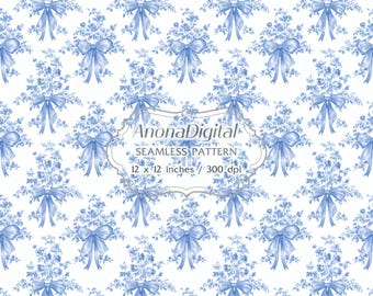Diseño floral sin costuras con lazos de tela toile azul, descarga digital, fondo para papeles, telas y manualidades.