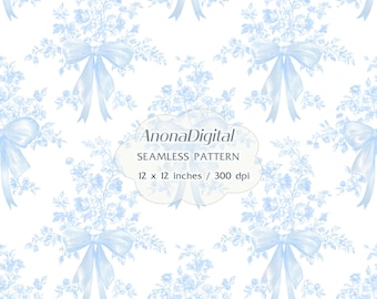 Diseño floral sin costuras con lazos de tela toile azul pálido, descarga digital, fondo para papeles, telas y manualidades.