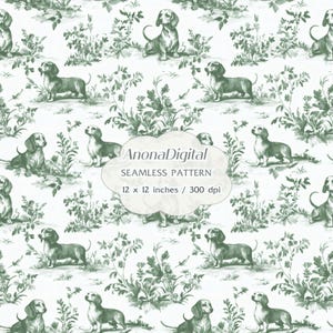 May include: A seamless pattern featuring dachshund dogs and foliage in shades of green on a white background. The design includes the text "AnonaDigital SEAMLESS PATTERN 12 x 12 inches / 300 dpi".