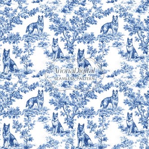 Chinoiserie toile de jouy-hondpatroon, naadloze Duitse herder achtergrond, instant digitale download, voor hondenliefhebber geschenken, papier, stoffen