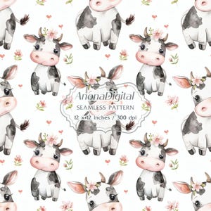 Happy Cow Seamless Pattern, Digital Download, Floral Watercolor background for papers, fabrics, crafts