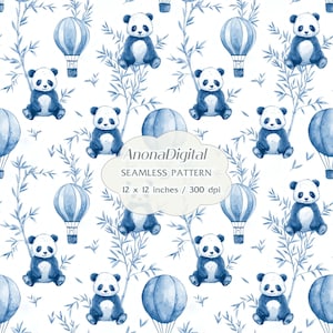 May include: Seamless pattern featuring blue watercolor pandas, hot air balloons, and bamboo on a white background. The design includes the text "AnonaDigital SEAMLESS PATTERN 12 x 12 inches / 300 dpi".